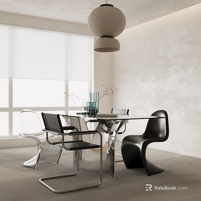 Modern Dining Table Set With Glass Top Black White Chairs Pendant Light And Window Blinds 3d model 