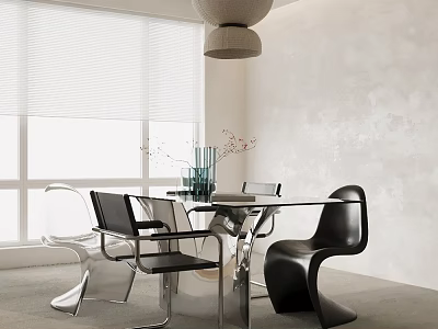 Modern Dining Table Set With Glass Top Black White Chairs Pendant Light And Window Blinds 3d model