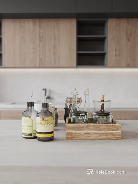 Open Kitchen Countertop With Innovation Wine Bottles Wooden Tray And Glass Jars 3d model 