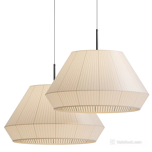 Stylish Beige Pleated Fabric Pendant Lights Two Cone Shaped Chandeliers Suspended By Metal Rods 3d model 