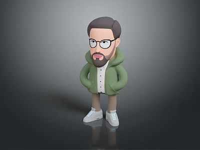 Cartoon Style Man With Glasses Beard Green Hoodie Standing On Gray Background 3d model