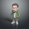 Cartoon Style Man With Glasses Beard Green Hoodie Standing On Gray Background