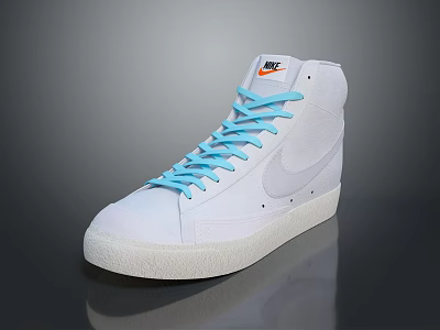 Nike White High Top Sneakers With Light Blue Laces Orange Logo And White Sole 3d model