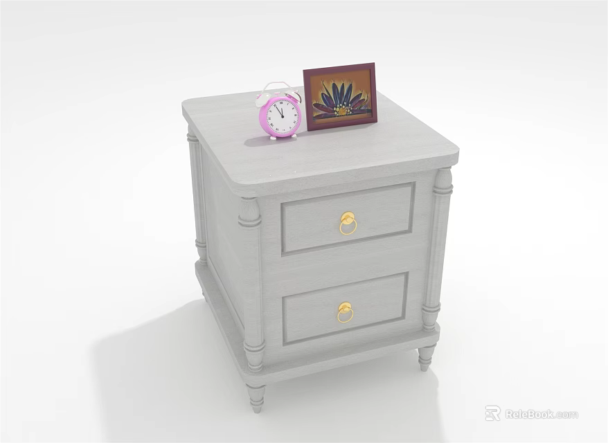 White Bedside Table With Two Drawers Gold Handles Pink Alarm Clock And Photo Frame 3d model 