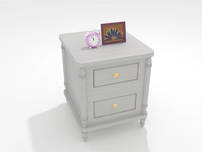 White Bedside Table With Two Drawers Gold Handles Pink Alarm Clock And Photo Frame 3d model
