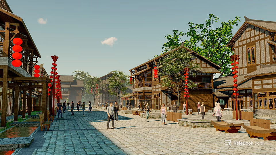 Traditional Commercial Street With Red Lanterns Pedestrians Stone-Paved Road And Trees 3d model 