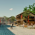 Traditional Commercial Street With Red Lanterns Pedestrians Stone-Paved Road And Trees