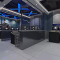 Modern Internet Cafe Interior Design With Gaming Computers Comfortable Seats And Blue Lighting 3d model