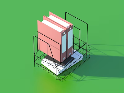 Black Metal File Organizer With Pink Binders And White Papers On Green Background 3d model