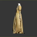 Man Wearing Yellow Long Dress With Puffed Sleeves And Cinched Waist On Black Background