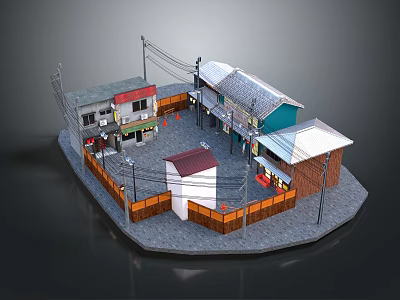 Cartoon Village Scene With Colorful Houses Wooden Fence Street And Electric Poles 3d model