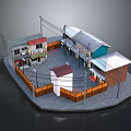 Cartoon Village Scene With Colorful Houses Wooden Fence Street And Electric Poles