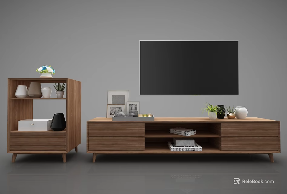 Modern Wooden TV Stand With TV Photo Frames Plants And Side Cabinet 3d model 