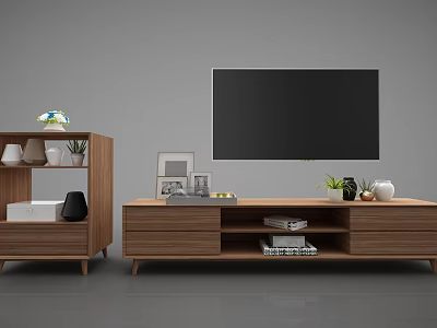 Modern Wooden TV Stand With TV Photo Frames Plants And Side Cabinet 3d model