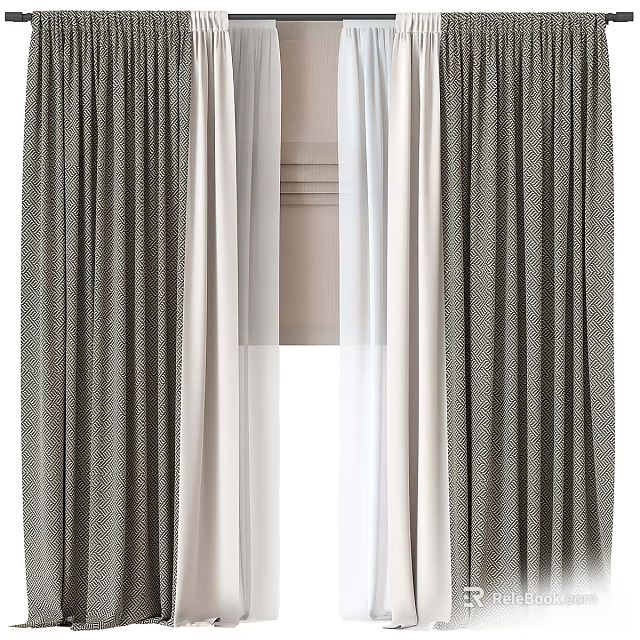 Modern Gray And White Herringbone Textured Layered Curtains For Home Window Decor 3d model 