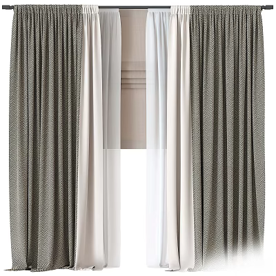 Modern Gray And White Herringbone Textured Layered Curtains For Home Window Decor 3d model