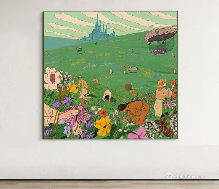 Vibrant Oil Painting of Green Meadow with Castle Airship People and Colorful Flowers 3d model 