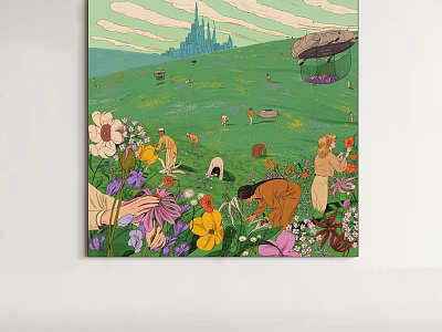 Vibrant Oil Painting of Green Meadow with Castle Airship People and Colorful Flowers 3d model