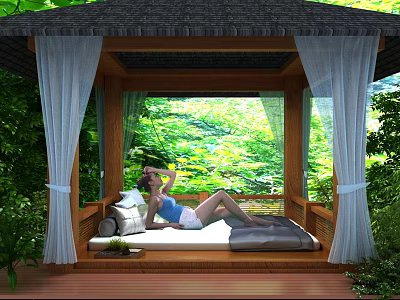 A woman relaxing on bed in wooden pavilion surrounded by lush green plants 3d model
