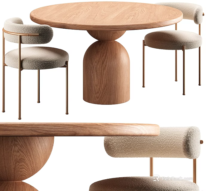 Round Wooden Dining Table Set with Comfortable Light Gray Cushioned Chairs and Brass Legs 3d model 