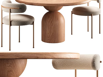 Round Wooden Dining Table Set with Comfortable Light Gray Cushioned Chairs and Brass Legs 3d model
