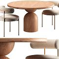Round Wooden Dining Table Set with Comfortable Light Gray Cushioned Chairs and Brass Legs