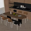 Modern Wooden Dining Table and Chairs Set with Fruit Bowl Vase and Book in Kitchen