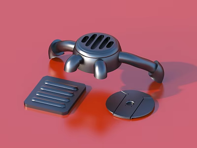 Metallic Parts Including Handle Piece Square And Circular Components On Red Background 3d model