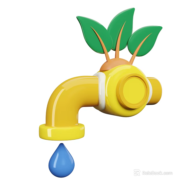 Industrial Yellow Faucet Equipment With Green Leaves And Dripping Water 3d model 