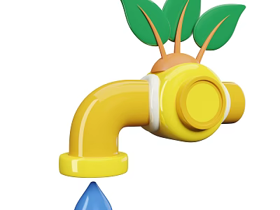 Industrial Yellow Faucet Equipment With Green Leaves And Dripping Water 3d model