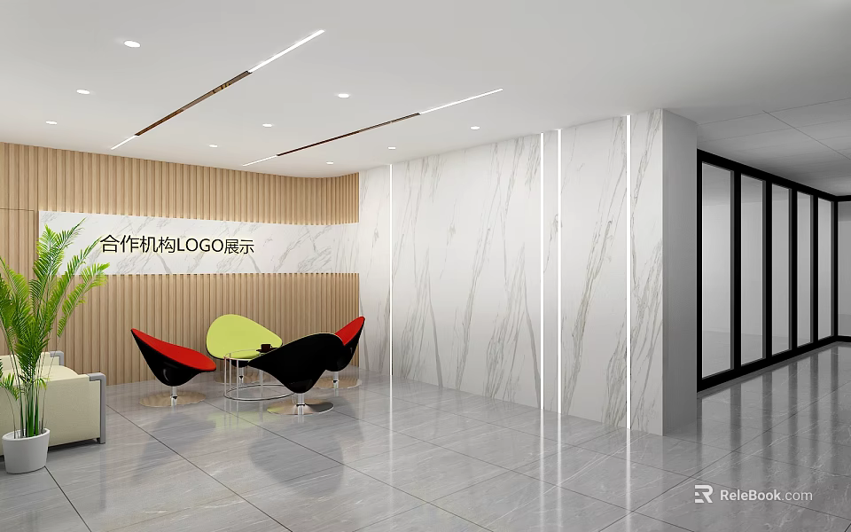 Modern Front Desk Reception Area with Wooden Marble Walls Round Table Green Plant and Glass Door 3d model 