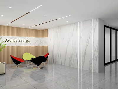 Modern Front Desk Reception Area with Wooden Marble Walls Round Table Green Plant and Glass Door 3d model