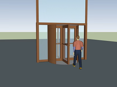 Revolving Door Entrance With Glass Panels And Wooden Frame Person Approaching 3d model