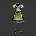 Green And Brown Traditional Women's Dress With Short Sleeves White Lace Trim And Matching Shoes