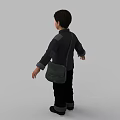 Man in Traditional Chinese Dark Gray Jacket with Crossbody Bag Standing Pose against Gray Background