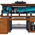 Wooden Office Desk With Dual Monitors Printer Drawers And PC Tower Setup