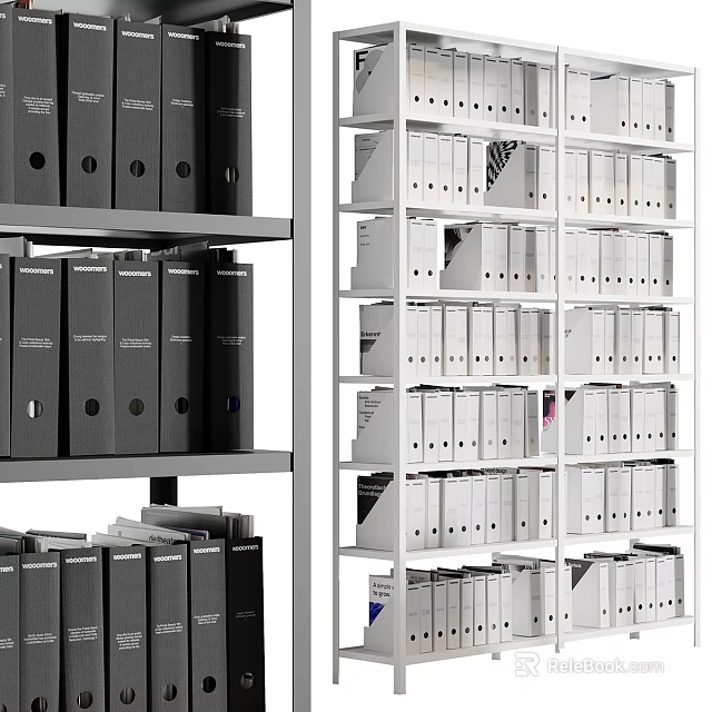 Office Desk Chair Combination With Metal Shelves And Black White Document Folders 3d model 
