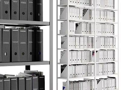 Office Desk Chair Combination With Metal Shelves And Black White Document Folders 3d model