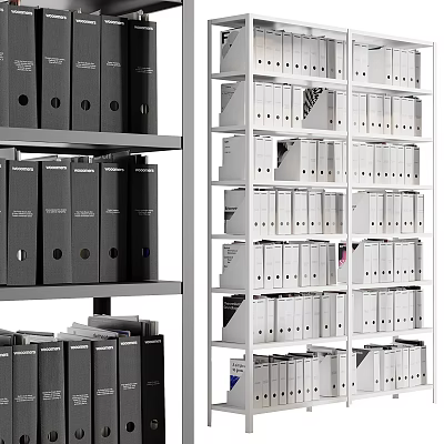 Office Desk Chair Combination With Metal Shelves And Black White Document Folders 3d model