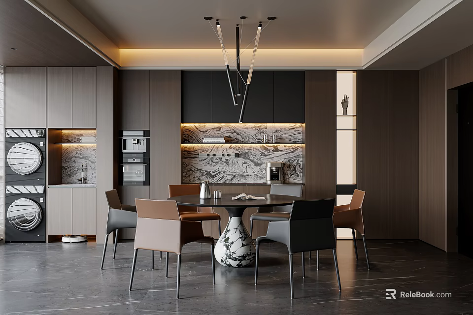 Modern Restaurant Interior With Round Dining Table Mixed Chairs Chandelier And Marble Backdrop 3d model 