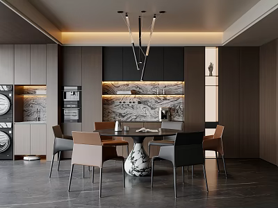 Modern Restaurant Interior With Round Dining Table Mixed Chairs Chandelier And Marble Backdrop 3d model