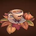 Warm Autumn Coffee with Bat Latte Art and Pumpkin Surrounded by Fall Leaves and Beans