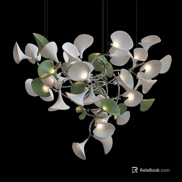 Modern Leaf Shaped Chandelier With White Green Petals And Hanging Lights 3d model 