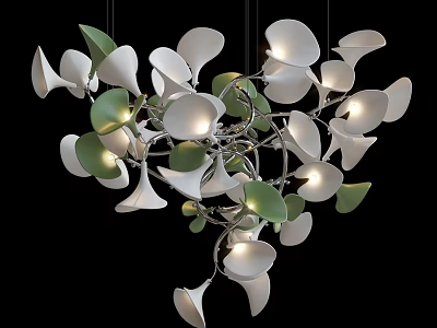 Modern Leaf Shaped Chandelier With White Green Petals And Hanging Lights 3d model