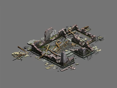 Ruined Architectural Components With Broken Walls Wooden Beams And Stone Fragments 3d model