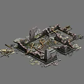 Ruined Architectural Components With Broken Walls Wooden Beams And Stone Fragments