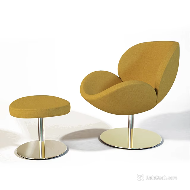 Modern Yellow Leisure Chair With Curved Design And Metal Base Ottoman 3d model 