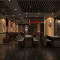 Modern Restaurant Interior Design With Dining Tables Chairs Ceiling Lights And Decorative Paintings