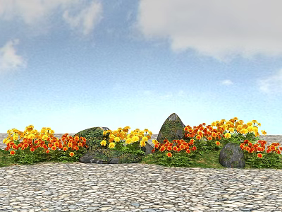 Colorful Yellow and Orange Flowers with Stones on Pebble Ground Under Blue Sky 3d model