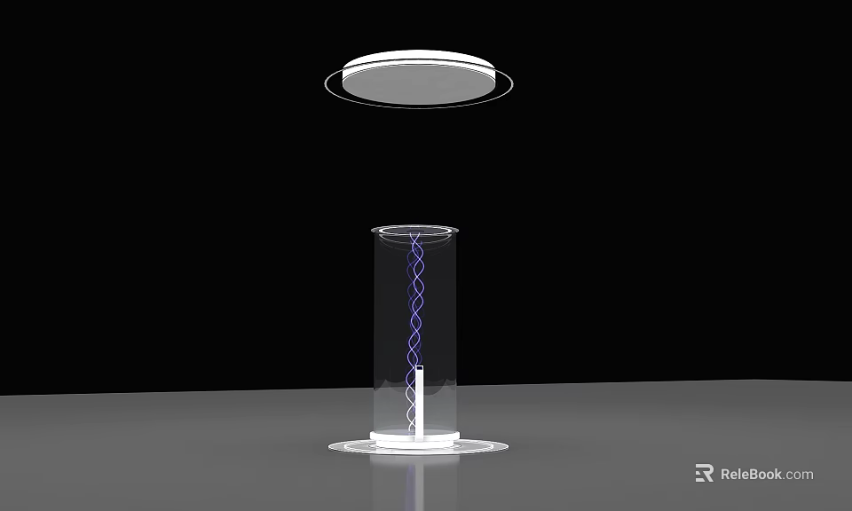 Transparent Cylinder With Base And Spiral Structure Inside And Floating Circular Object On Gray Surface 3d model 